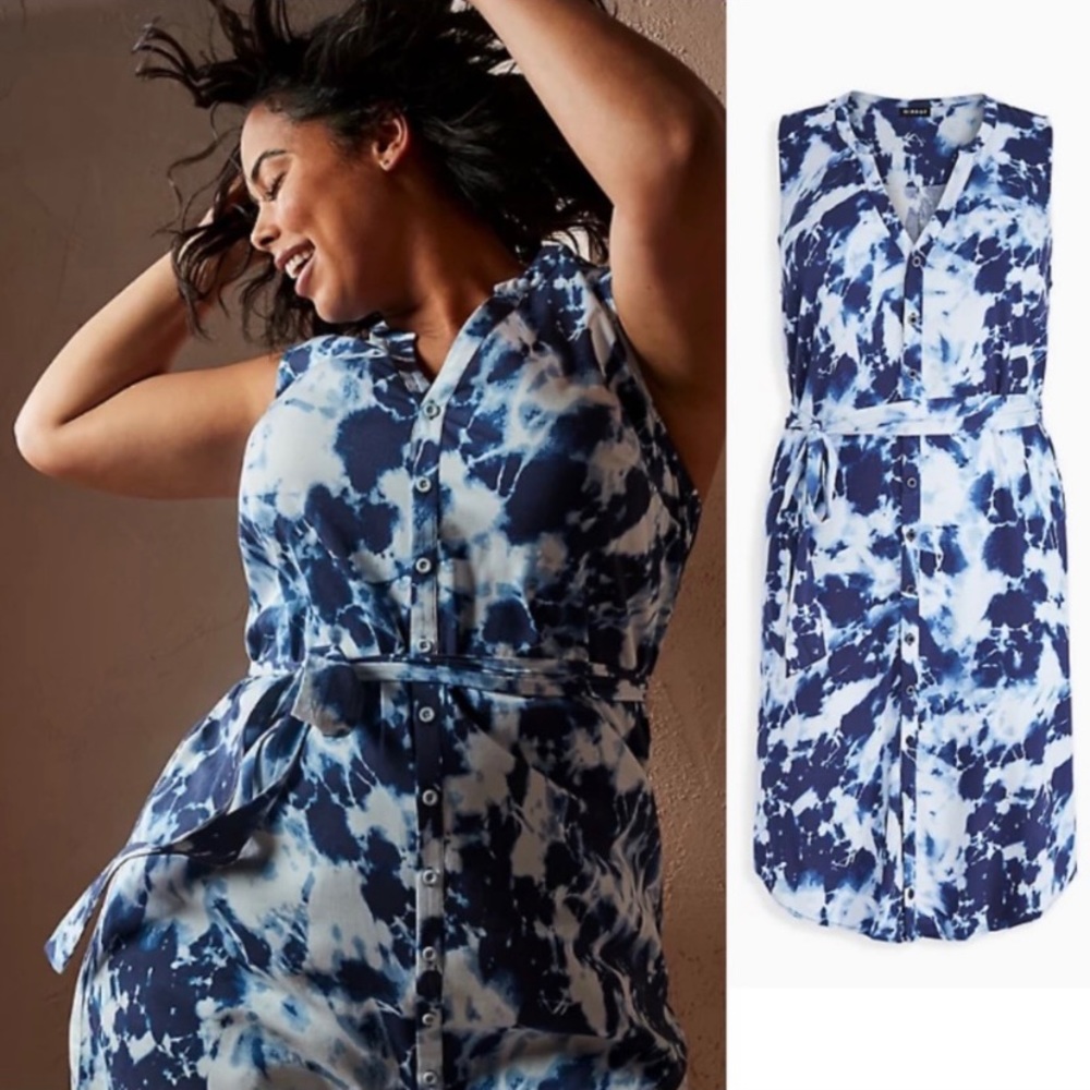 TORRID NAVY TIE-DYE CHALLIS SELF TIE SHIRT DRESS